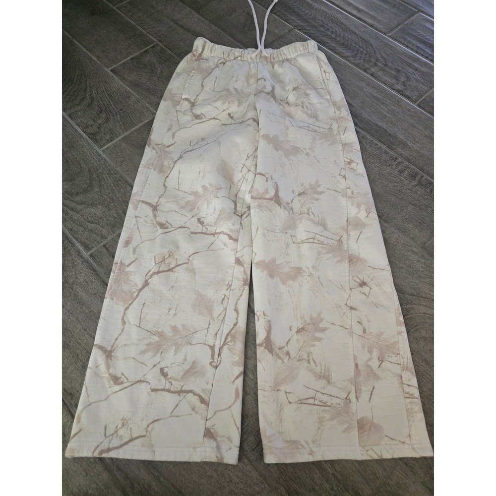 Garage Women XS Cream Tan Branch Camo Wide Leg Sweatpants Fleece Lined Pockets